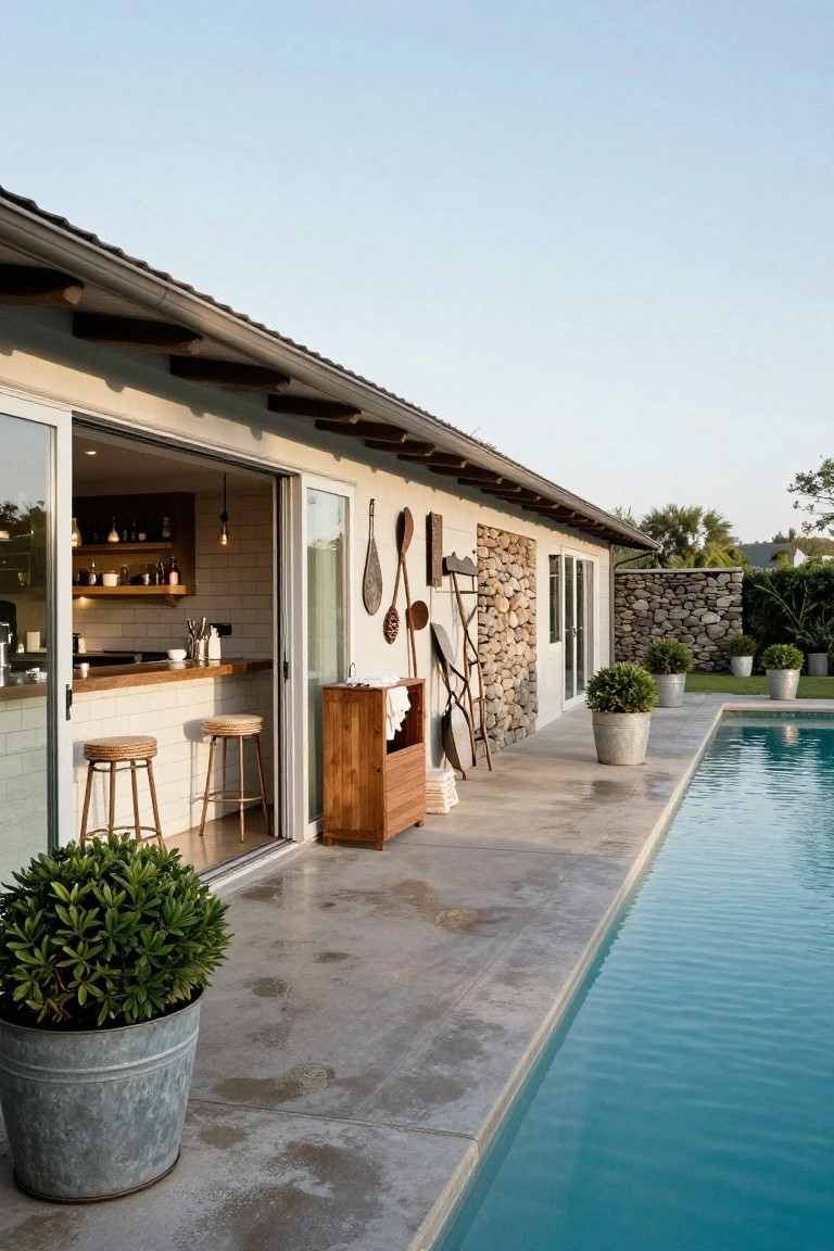Exterior view of a pool house with open sliding glass doors to a white subway tile kitchen bar on a concrete deck beside a rectangular swimming pool, featuring rattan barstools, wooden cabinet, hanging paddles and tools on stone wall, and potted plants in metal buckets.