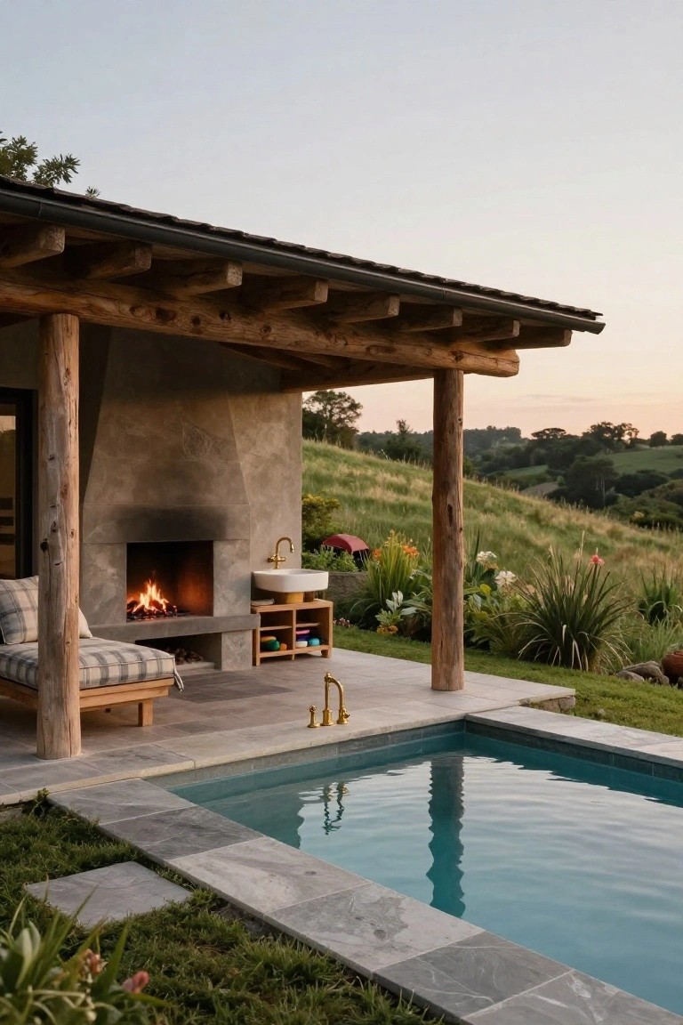 Covered outdoor patio featuring large wooden posts and beams, a lit stone fireplace, cushioned daybed, white sink on wooden stand, and small turquoise rectangular pool with gray slate edging, surrounded by plants and rolling green hills at dusk.