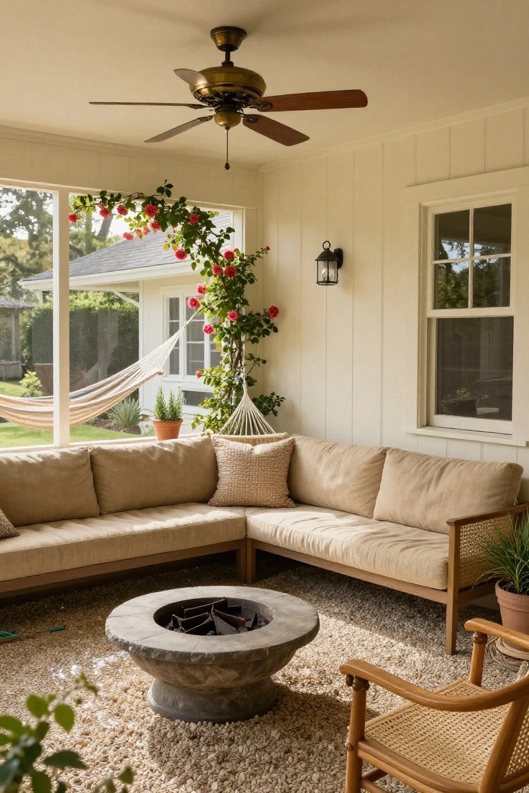 Screened porch interior with beige L-shaped sofa, stone fire pit table, rattan chair, plants, and window views to hammock, yard, and house exterior.