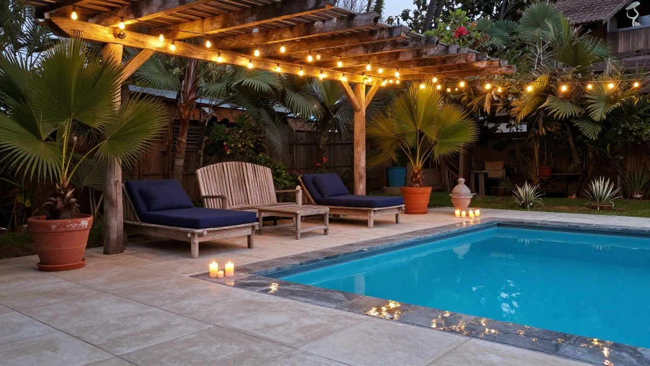 Wooden pergola with string lights overhead above a bench and blue-cushioned loungers on a tiled poolside patio, with tea light candles on the deck and pool edge at dusk.