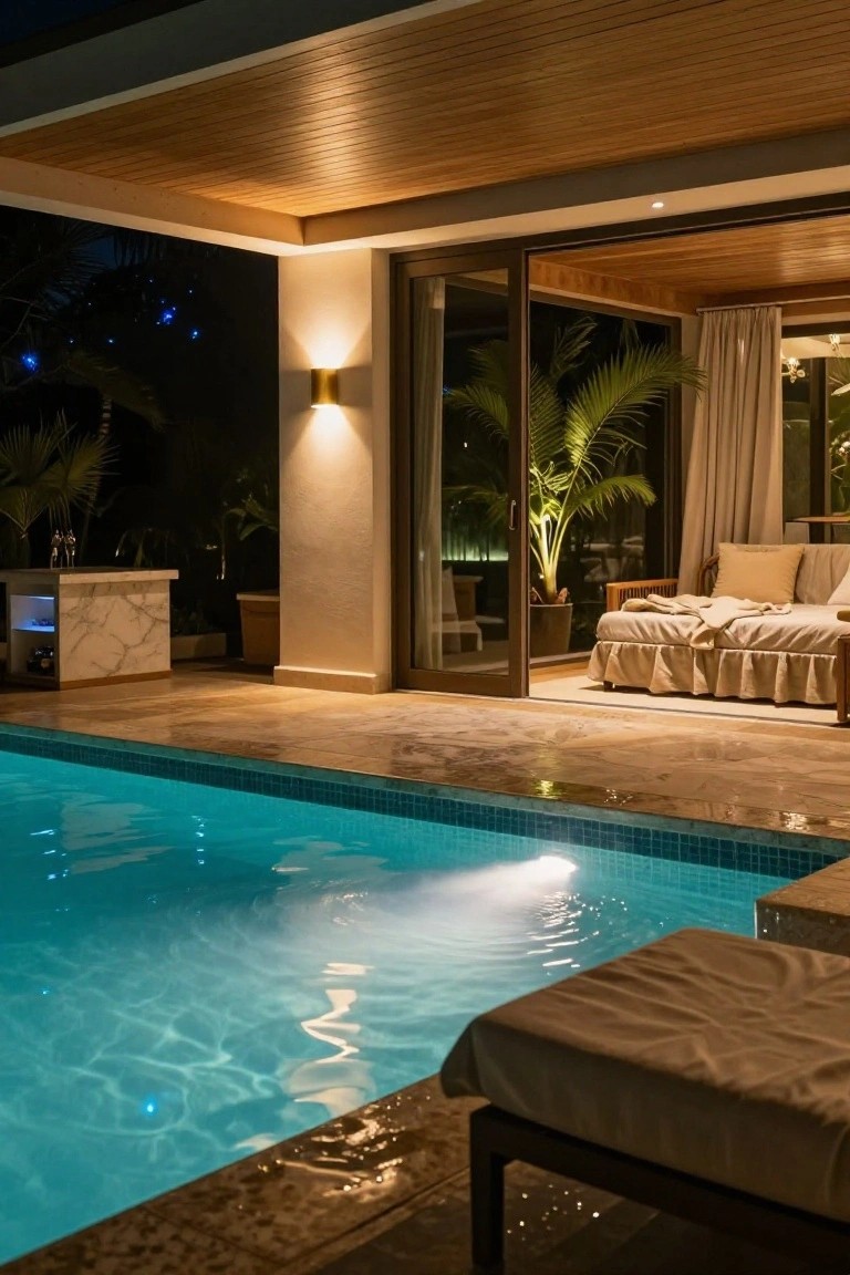 24 Fun Pool Party Lighting Ideas That Keep the Energy High Nighttime photo of a poolside outdoor living area with beige tiled deck, wooden-beamed ceiling, golden wall sconces, marble bar counter, beige loungers, sliding glass doors to interior with lit palms, and glowing turquoise pool.