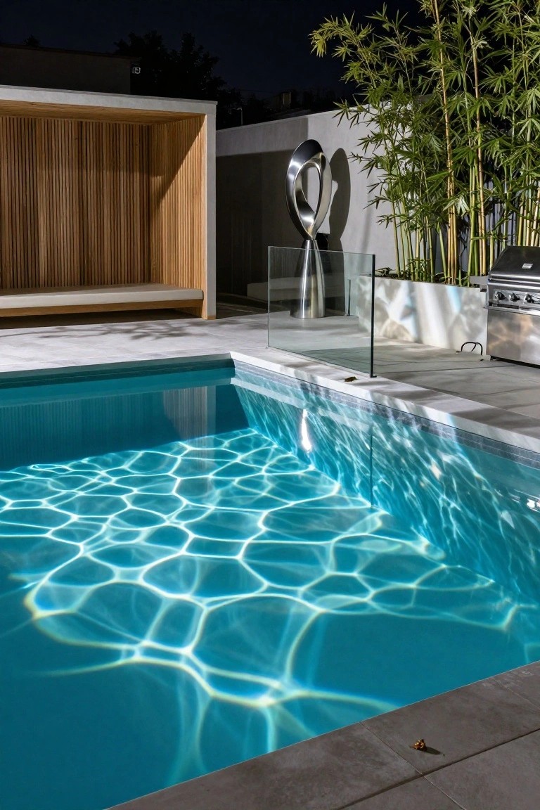 24 Fun Pool Party Lighting Ideas That Keep the Energy High Nighttime photo of a turquoise pool with bright rippling light reflections on the water surface, bordered by a tiled deck, glass balustrade, stainless steel sculpture, bamboo plants, wooden slat enclosure with bench, and barbecue grill.