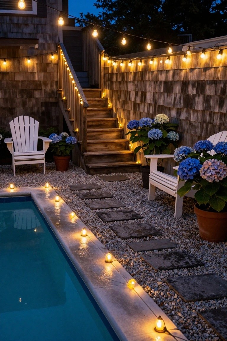 24 Fun Pool Party Lighting Ideas That Keep the Energy High Dusk view of a small inground pool with blue water, bordered by tea lights in glass holders, a gravel and stone path leading to two white Adirondack chairs with blue hydrangea plants nearby, wooden stairs lit by string lights against a shingled wall, and cafe string lights overhead.