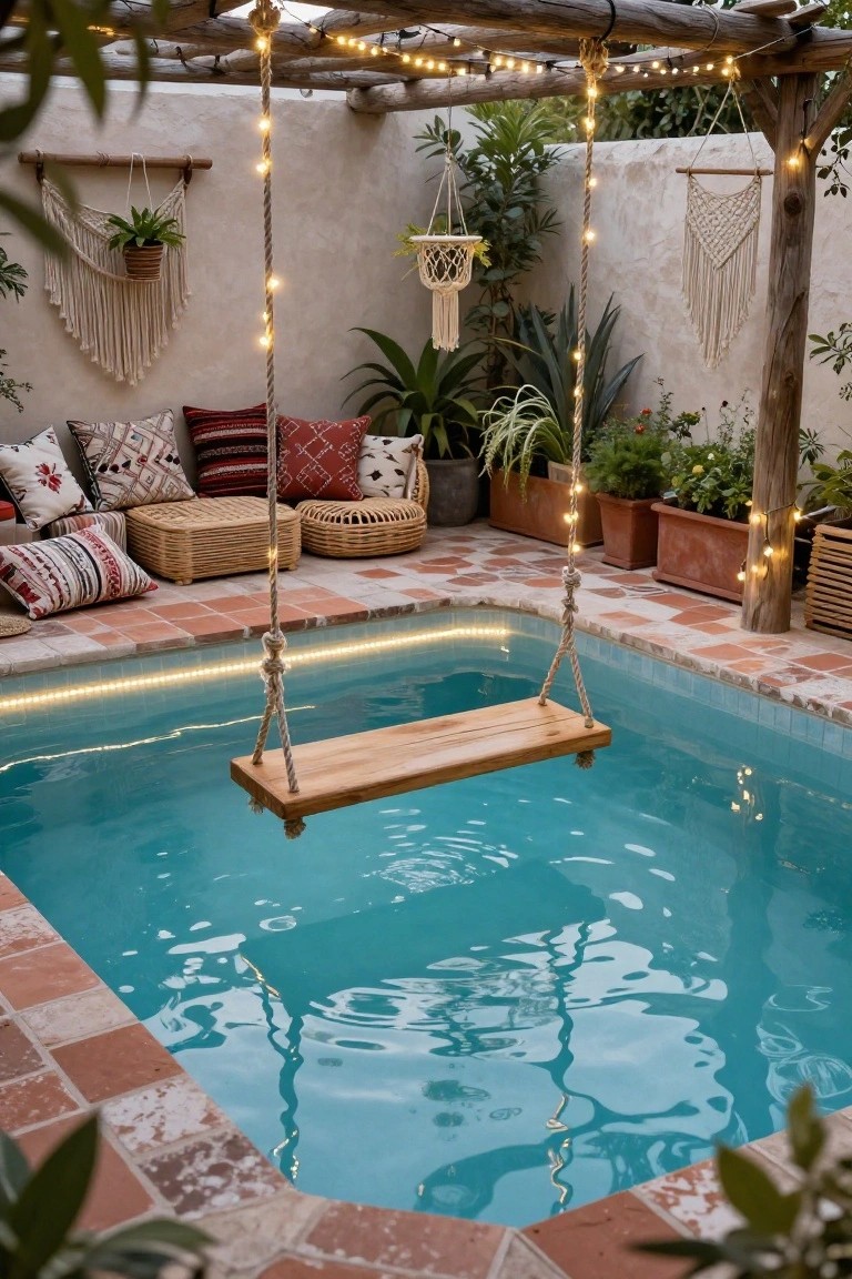 24 Fun Pool Party Lighting Ideas That Keep the Energy High Wooden swing hanging over a turquoise pool in an outdoor patio area with string lights draped from a pergola, potted plants, woven cushions on benches, macrame hangings, and terracotta tiled deck.