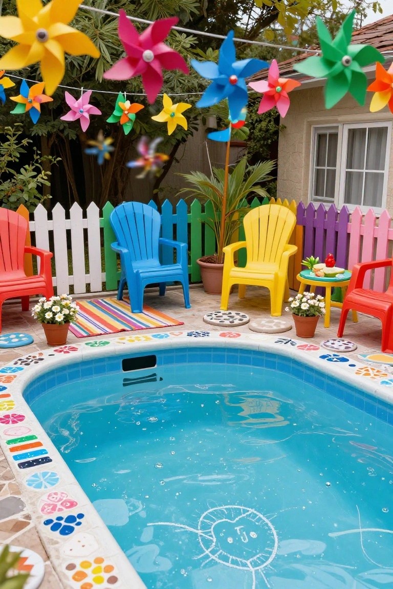 24 Fun Pool Party Lighting Ideas That Keep the Energy High Small backyard pool with blue water, colorful tiled edges featuring paw prints and flowers, surrounded by plastic Adirondack chairs in red, blue, green, and yellow, white picket fence, potted plants, and strings of multicolored pinwheels hanging overhead.