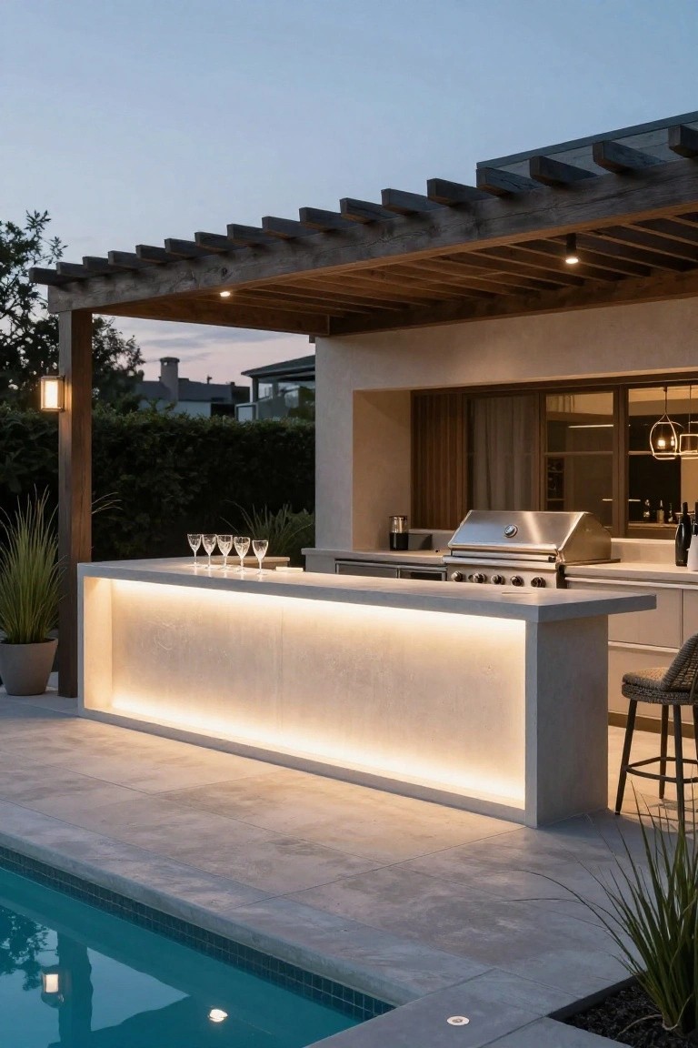24 Fun Pool Party Lighting Ideas That Keep the Energy High Outdoor bar counter with recessed LED lighting underneath, stainless steel grill, wine glasses, bar stools, wooden pergola overhead, and swimming pool adjacent on tiled patio at dusk.