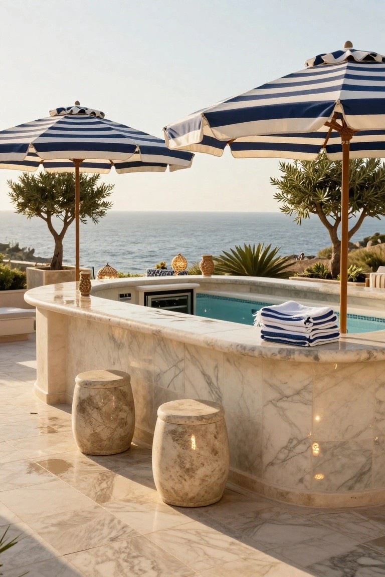 Curved white marble bar counter integrated into the edge of a turquoise semi-inground pool on a terrace, with a mini fridge below, stacked blue-and-white towels on top, two marble stools nearby, blue-striped umbrellas, potted plants, and ocean view beyond.