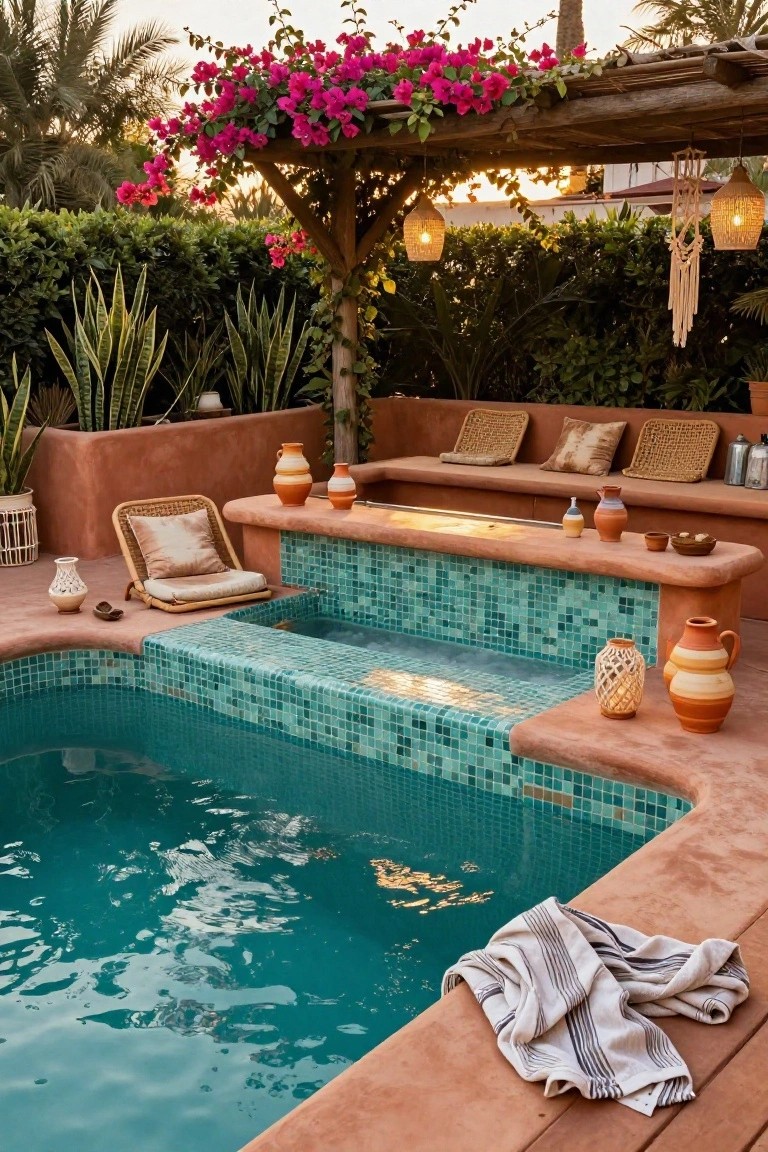 Semi-inground pool with turquoise mosaic tiles and terracotta raised edges featuring built-in bench seating with cushions, pottery, and bowls, under a wooden pergola with bougainvillea and hanging lanterns.