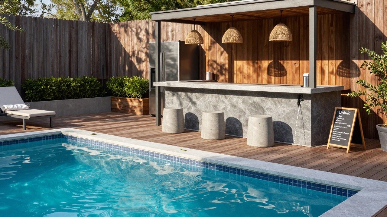 Semi-inground pool next to a concrete built-in bar counter with integrated fridge drawer, metal stools, pendant lights overhead, and surrounding hedges and agave plants.