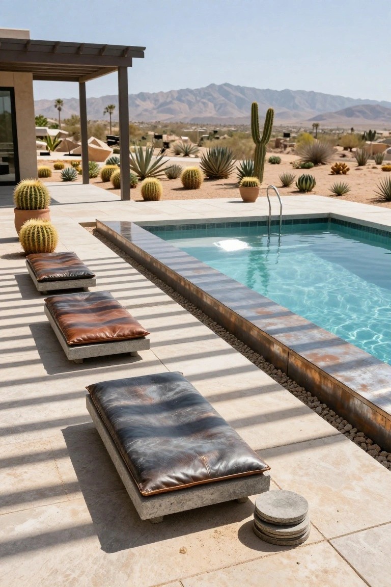 Three low rectangular concrete platforms with distressed brown and black leather cushions placed in a row along the edge of a rectangular pool with a metal rim, on a stone patio surrounded by potted cacti and desert landscaping with mountains in the distance.