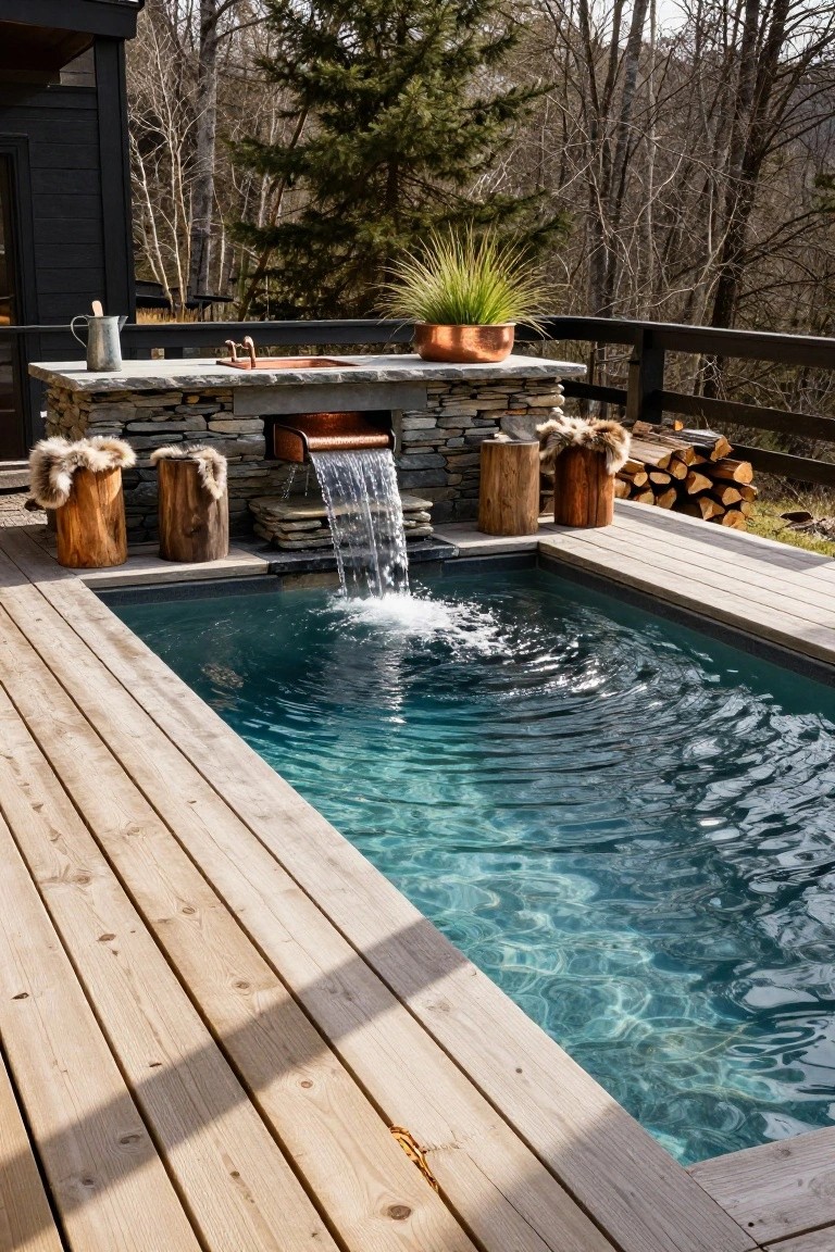 Wooden deck with rectangular semi-inground pool fed by waterfall from copper spout on stone bar counter, flanked by sheepskin-covered log stools and firewood stack, surrounded by pine trees and black cabin wall.