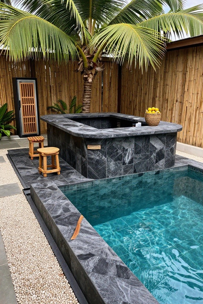 Semi-inground pool with black stone bar counter built into the edge, wooden stools beside it, bamboo fencing, palm tree, potted plants, and basket of lemons on the bar.