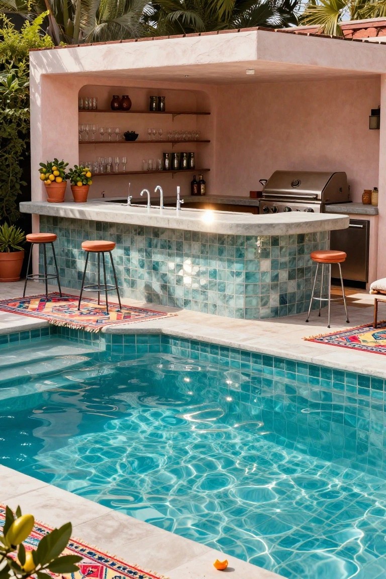 Semi-inground turquoise-tiled pool next to a curved white concrete bar with blue-green tiles, orange stools, potted plants, colorful rugs, and a nearby grill under a pink stucco roof.