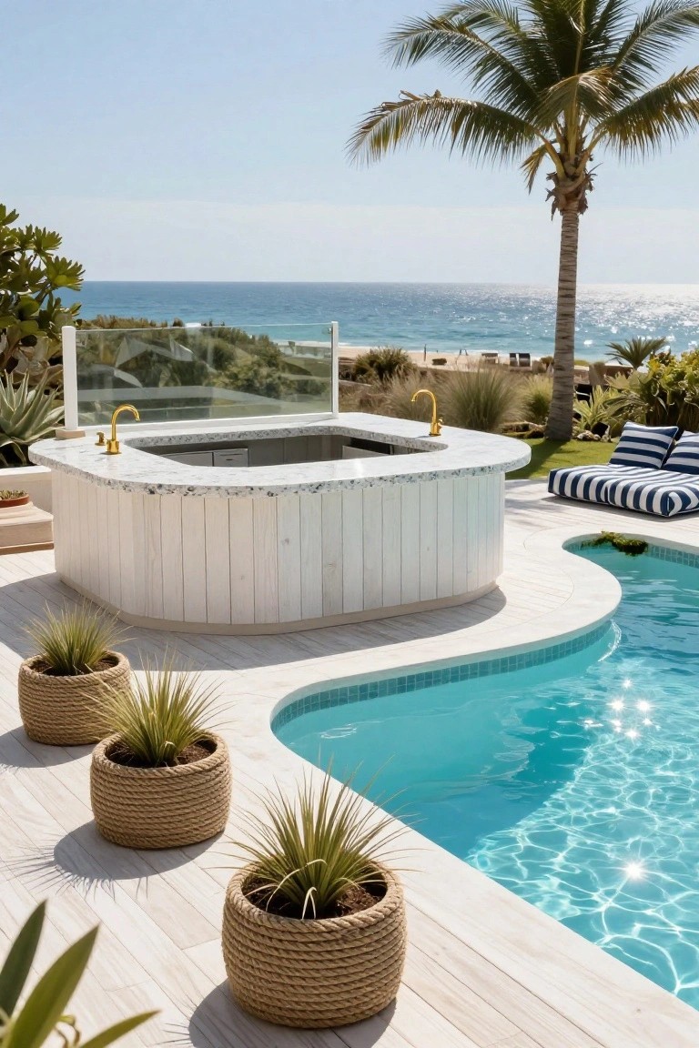 Curved white shiplap bar with integrated hot tub and gold faucets on a wooden deck next to a turquoise semi-inground pool, surrounded by potted grasses, striped cushions, palms, and ocean view.
