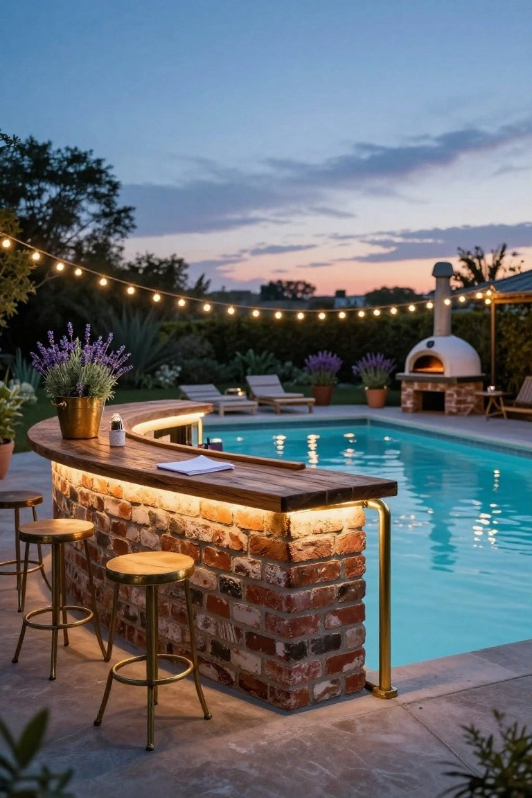 Curved wooden bar with brick base and underlighting at the edge of a turquoise semi-inground pool, featuring gold barstools, potted lavender plants, lounge chairs, pizza oven, and string lights at dusk.