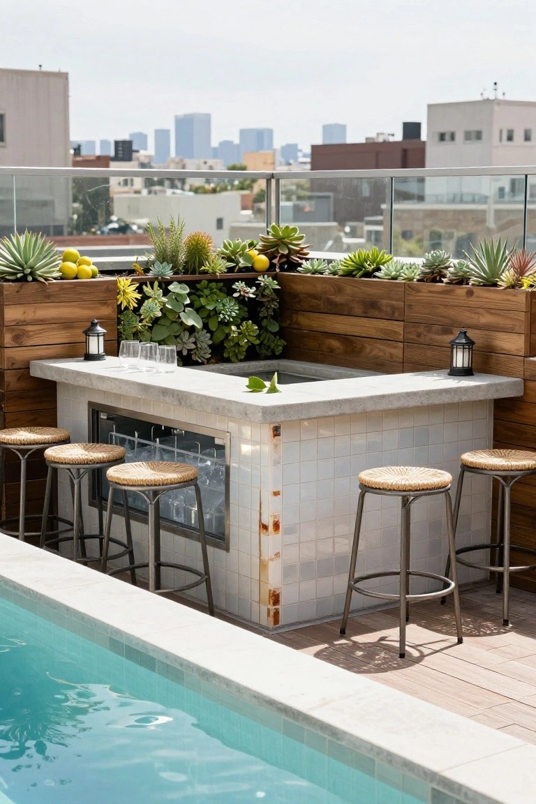 Rooftop bar counter with white tiles and ice drawer next to a turquoise semi-inground pool, surrounded by wooden planters with succulents, agave, and lemons, four metal bar stools with rattan seats, city skyline in background.