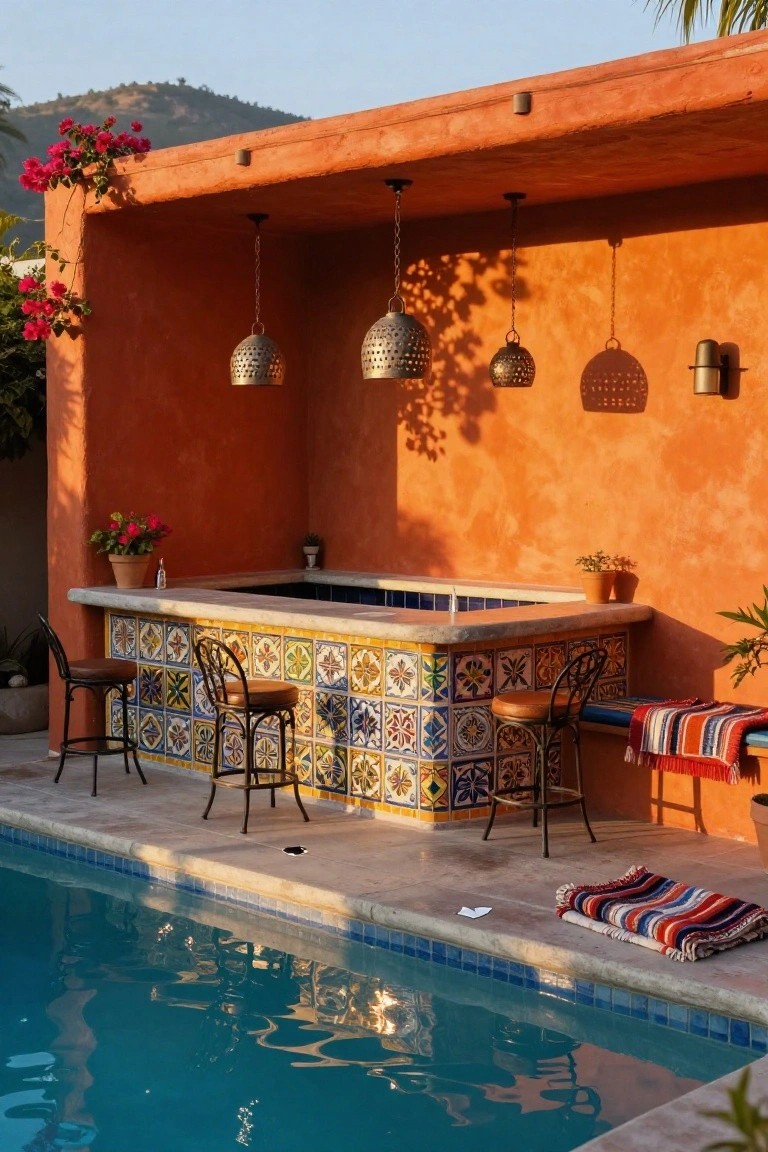 Orange stucco outdoor bar with multicolored tile counter, four cushioned barstools, hanging metal lanterns, potted plants, and colorful blankets on a bench next to a blue semi-inground pool deck.