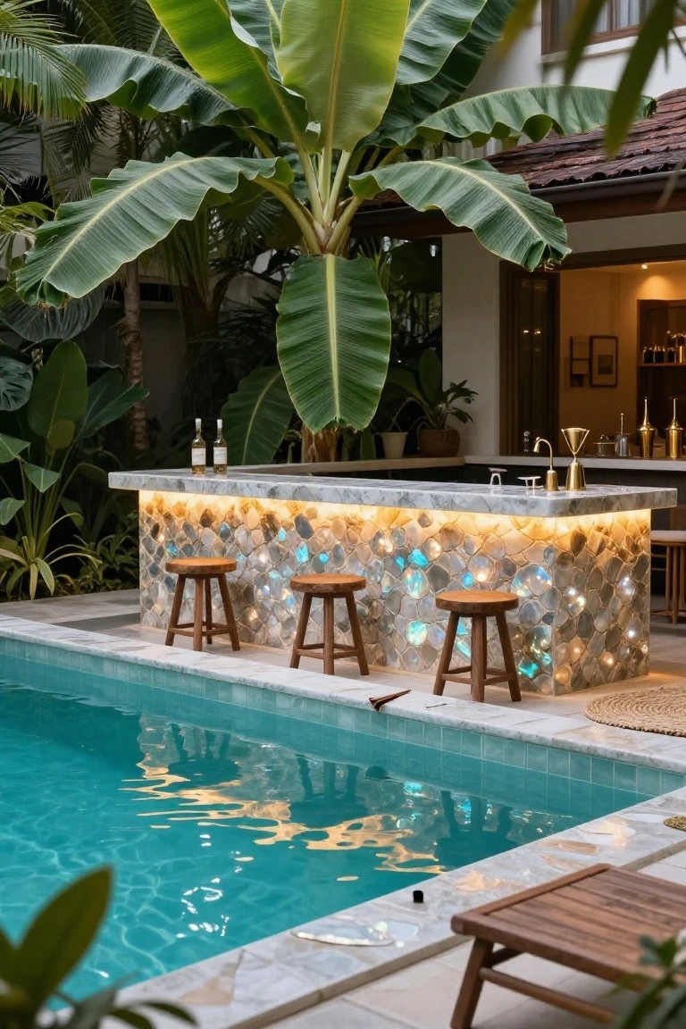 Semi-inground pool next to a built-in bar with white marble countertop, iridescent mosaic tile backsplash with LED lighting, three round wooden stools, tropical plants, and glass doors to an indoor kitchen.