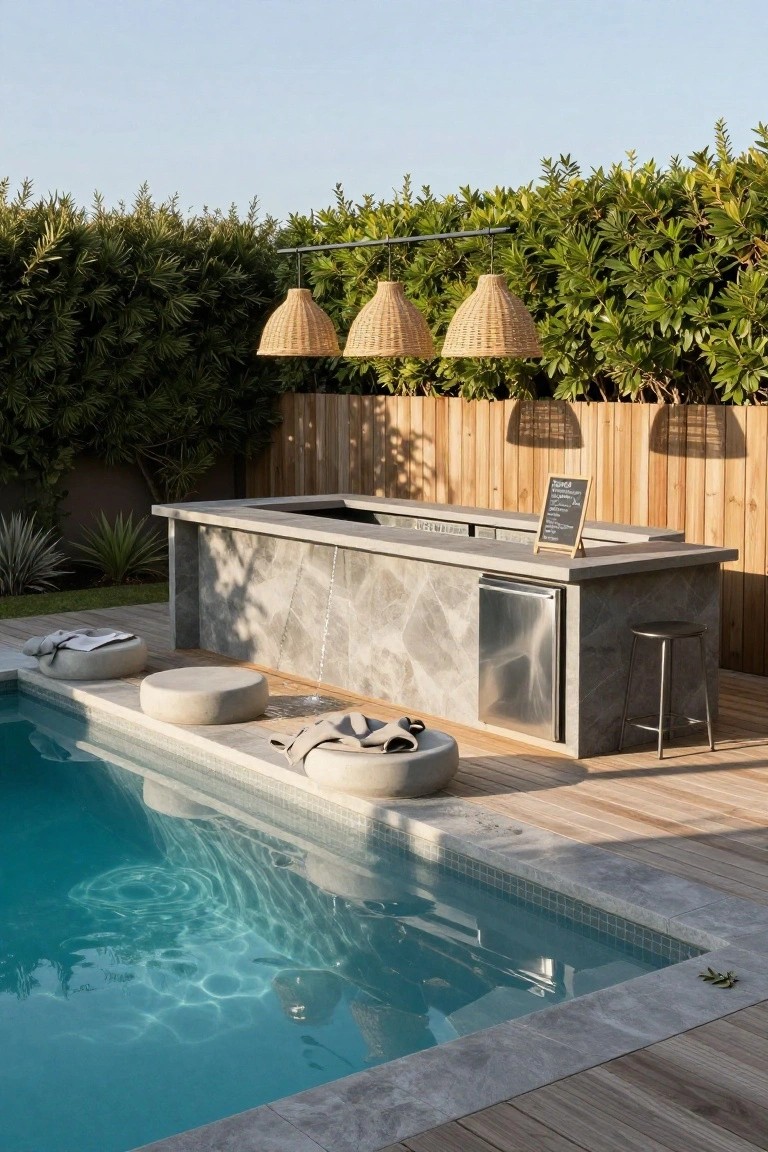 Semi-inground pool next to a concrete built-in bar counter with integrated fridge drawer, metal stools, pendant lights overhead, and surrounding hedges and agave plants.