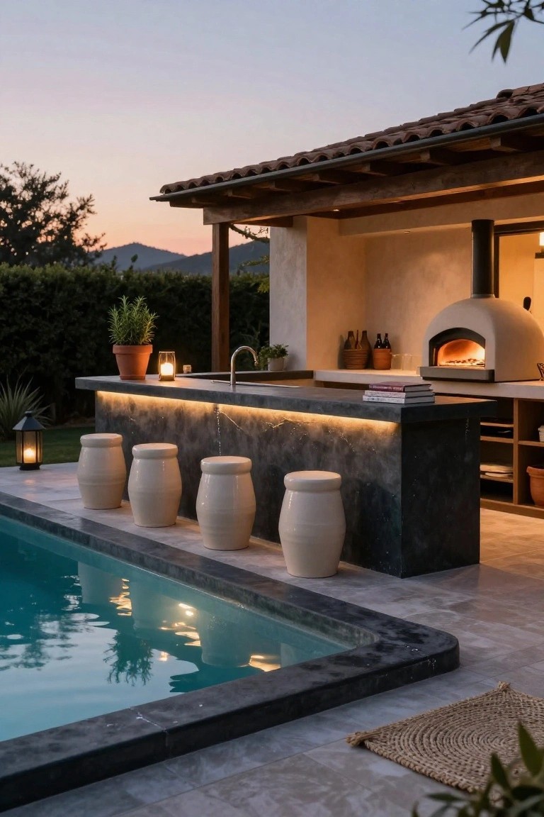 Semi-inground pool edged by a built-in dark stone bar counter with LED lighting, four white ceramic stool seats, sink, wood-fired pizza oven, and potted plants under a covered outdoor kitchen structure at dusk.