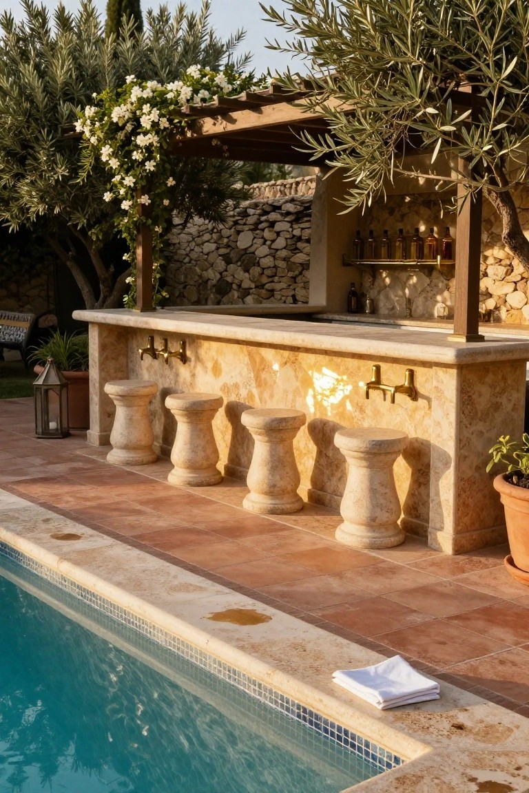 Semi-inground pool edged in stone with a built-in stone bar counter, brass taps, six stone barstools, wooden pergola overhead, olive trees, and potted plants nearby.