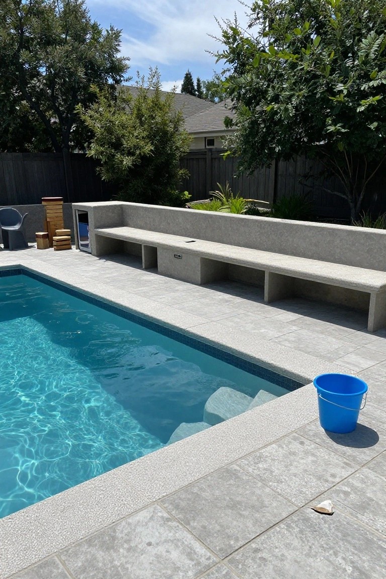 Semi-inground pool with gray concrete built-in bench and bar along the edge, mini fridge underneath, wooden stools nearby, blue bucket on tiled decking, trees and fence in background.