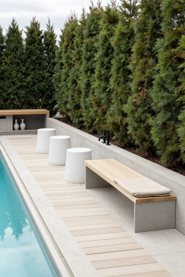 Semi-inground pool edged with light wood decking and concrete, featuring three white cylindrical stools, a built-in wooden bench on concrete base with beige cushion, hedges for privacy, and two vases on a wooden shelf nearby.