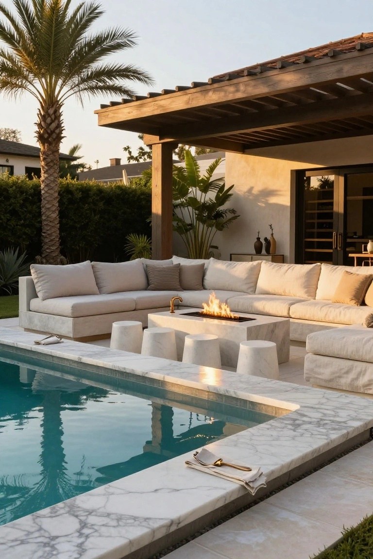 Beige L-shaped outdoor sofa and white cylindrical stools surround a rectangular white stone fire table with gas flames burning in the center, positioned next to a turquoise semi-inground pool with marble coping and edging, under a wooden pergola with palm trees and plants in the background.