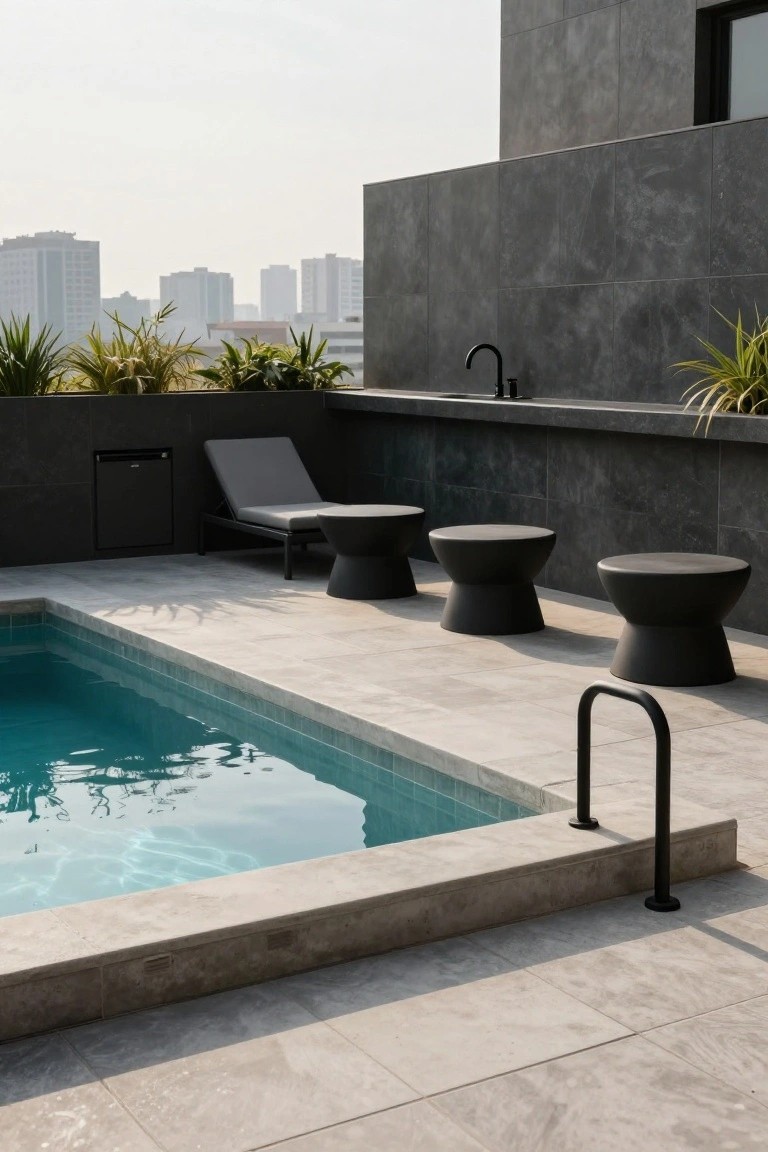 Rooftop terrace with turquoise semi-inground pool, black ladder, adjacent black bar counter with three bulbous stools, gray lounge chair, potted palms, and city skyline in background.