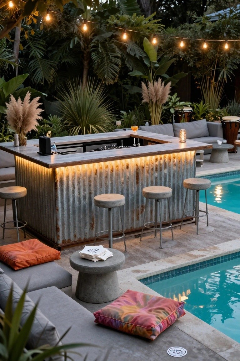 Outdoor semi-inground pool area with a built-in bar of corrugated metal panels, concrete barstools, lounge seating, tropical plants, pampas grass, drums, and string lights at dusk.