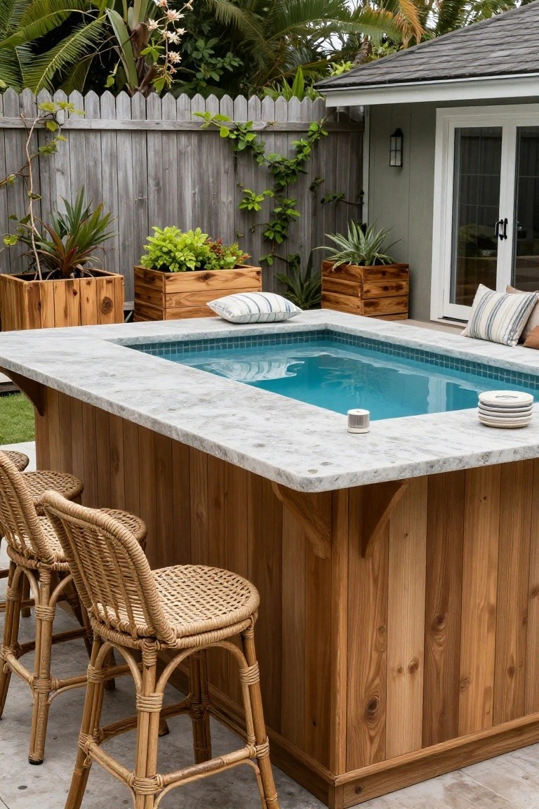 A rectangular blue-tiled semi-inground pool integrated beneath a light gray quartz countertop on a wooden bar structure, with two rattan barstools, potted plants, pillows, and tropical landscaping in a fenced backyard.