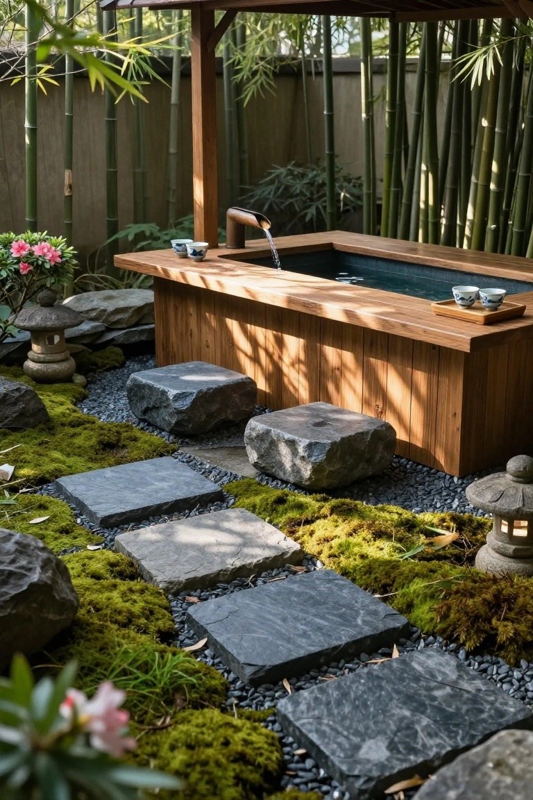 Wooden rectangular semi-inground soaking tub with water filling from a bamboo spout, teacups on the ledge, stone steps and benches nearby, surrounded by bamboo fence, mossy rocks, stone paths, lanterns, and plants in a Japanese garden.