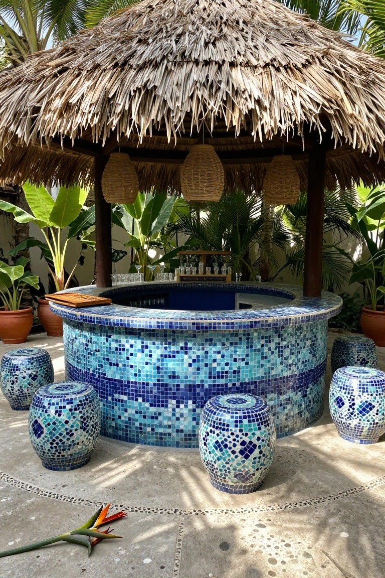 Circular blue mosaic-tiled bar counter under a thatched roof pavilion surrounded by potted plants, banana trees, and ceramic stools on a stone patio with a bird of paradise flower nearby.