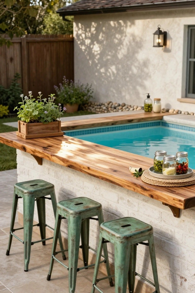 Semi-inground turquoise pool with a wooden bar counter built into the edge, green metal barstools, jars of food on a tray, potted herbs, and white brick wall backdrop.