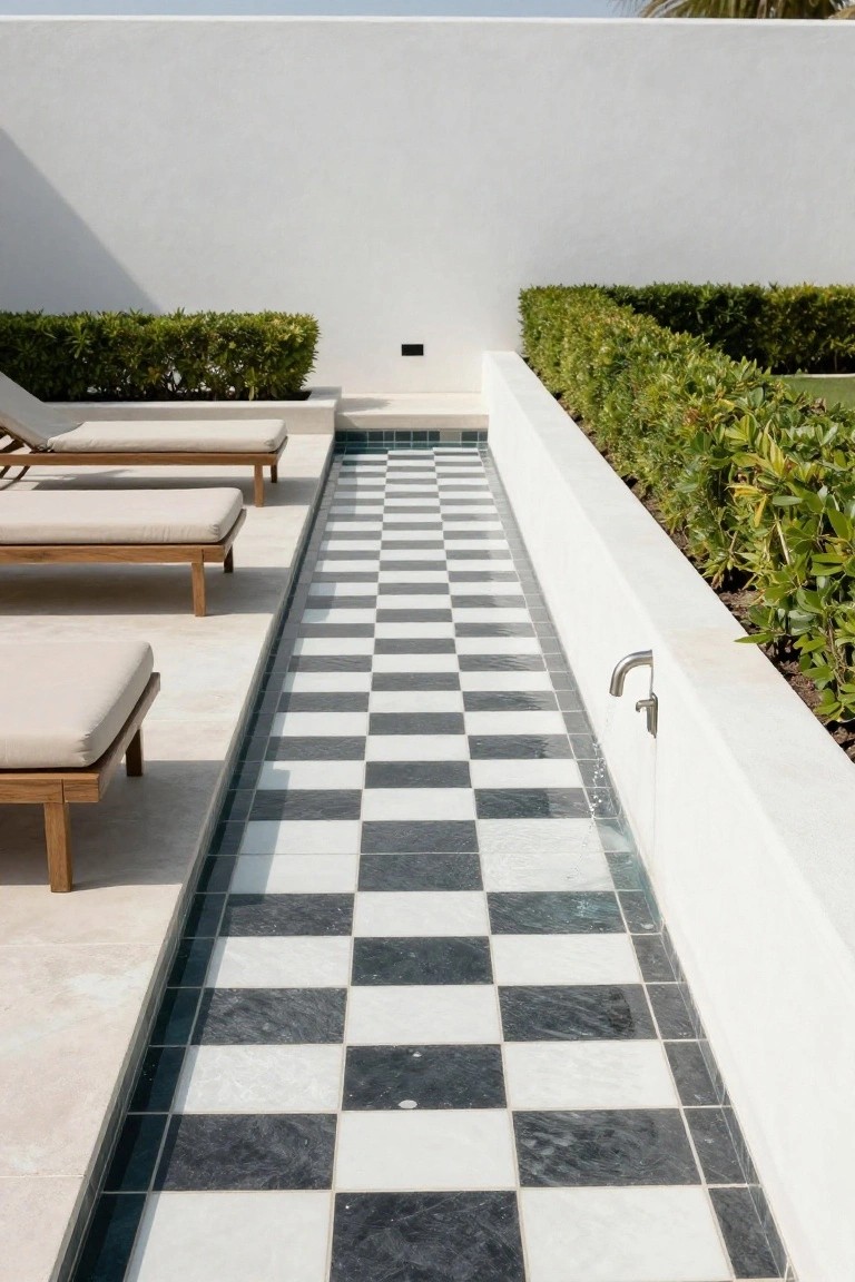 A narrow pool with black and white checkered marble tiles along the bottom and edges, bordered by white walls, green boxwood hedges, a chrome faucet, and wooden loungers on a light stone patio.