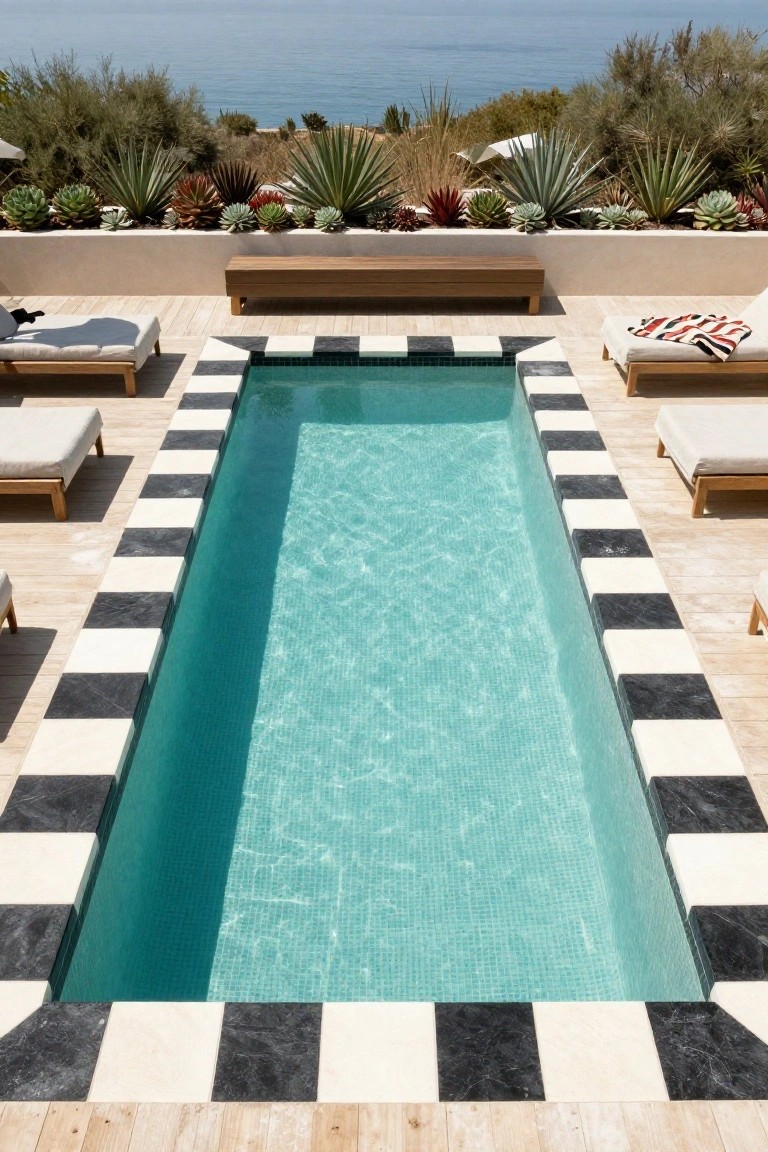 Rectangular pool with turquoise mosaic tiles and black-and-white marble checkered edging on a wooden deck surrounded by loungers, a bench, potted succulents and agaves, and ocean view beyond.