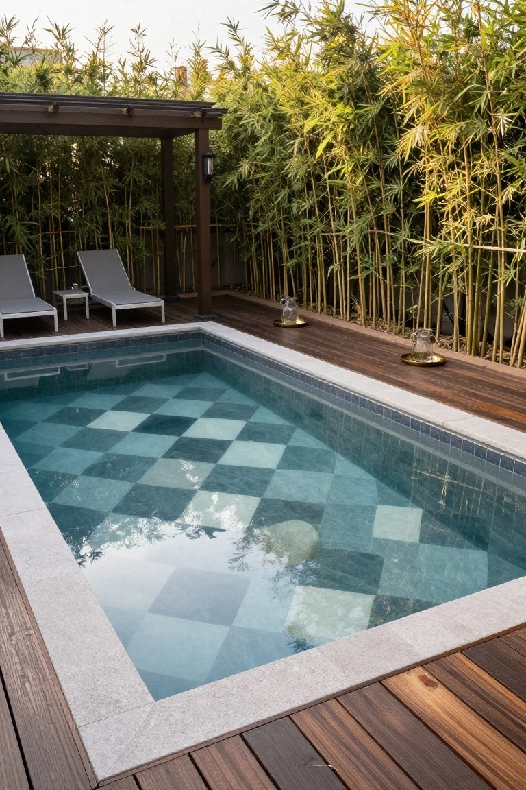 Small rectangular pool with checkered teal and white mosaic tiles, surrounded by wooden deck, stone edging, two lounge chairs, lanterns, and bamboo screening.