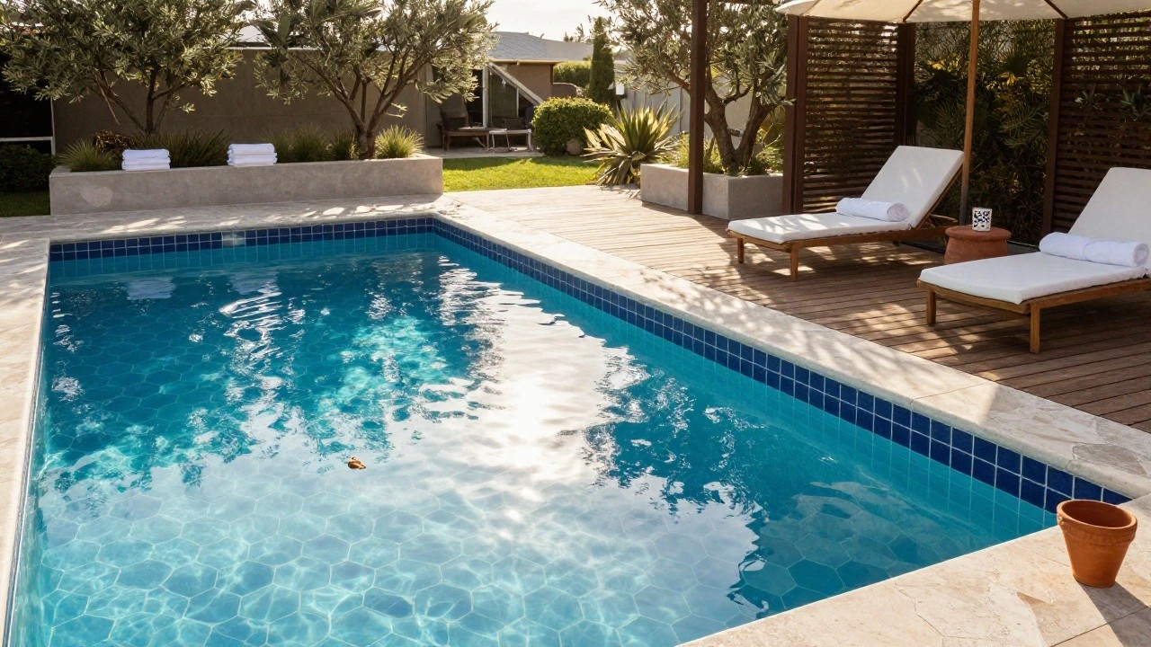 Rectangular turquoise pool with blue hexagonal mosaic tiles on the bottom and edges, next to a concrete deck holding two white loungers with towels, a terracotta pot, wooden deck area, and olive trees in the background.