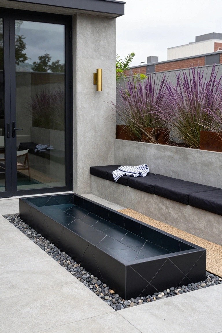 Outdoor patio with long narrow black geometric-tiled pool basin surrounded by pebbles, built-in black bench with cushions and towel, purple grasses in rusted metal planters, gold wall light, and glass door on textured gray wall.