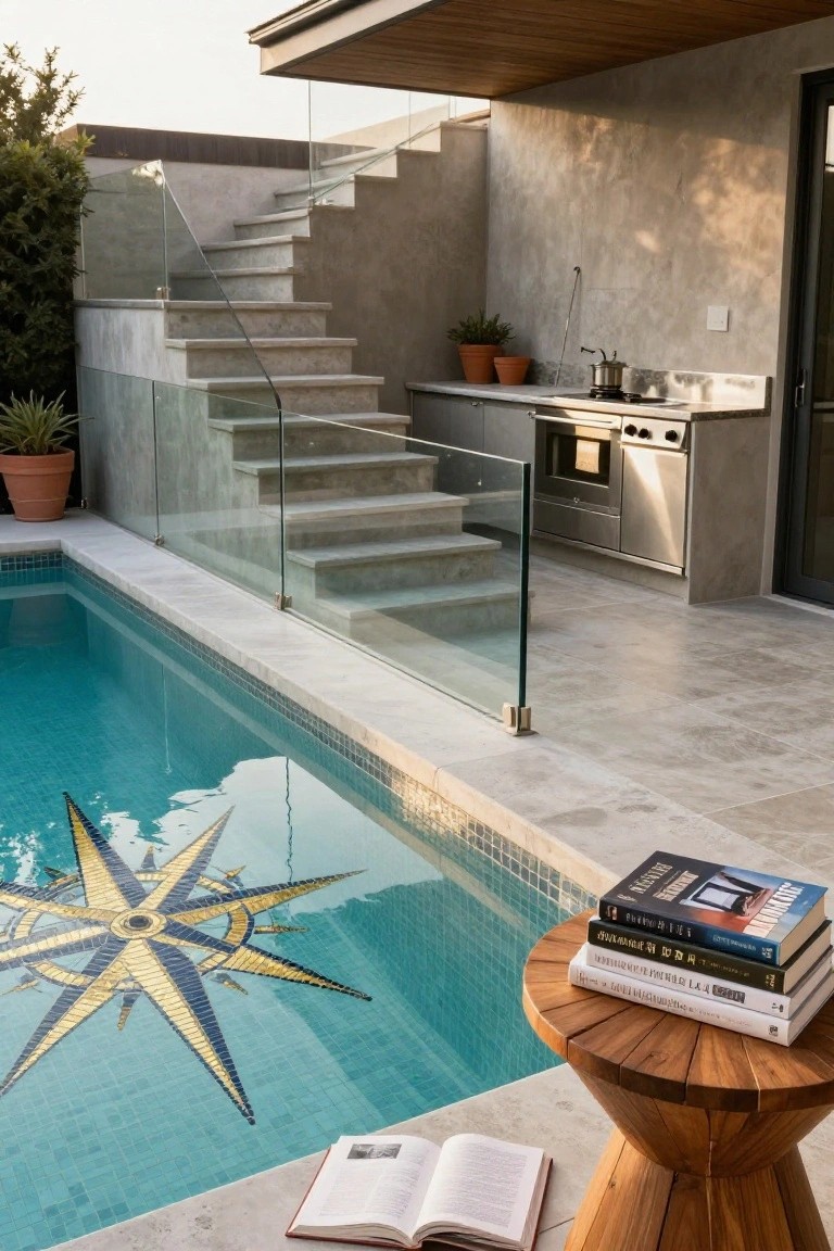 Outdoor infinity pool featuring a large gold and navy geometric compass rose mosaic tile on the pool floor, with a wooden stool holding stacked books nearby, an outdoor kitchen with stainless appliances, potted plants, and glass-railed concrete stairs beside it.