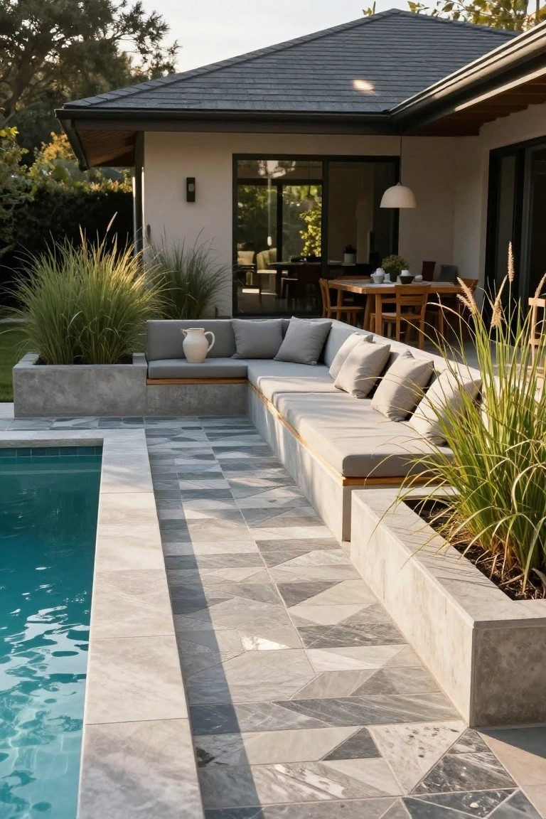 Gray geometric tiled pool deck with built-in concrete benches, gray cushions, pampas grass in planters, and a glimpse of a white house with glass doors and wooden dining table in the background.