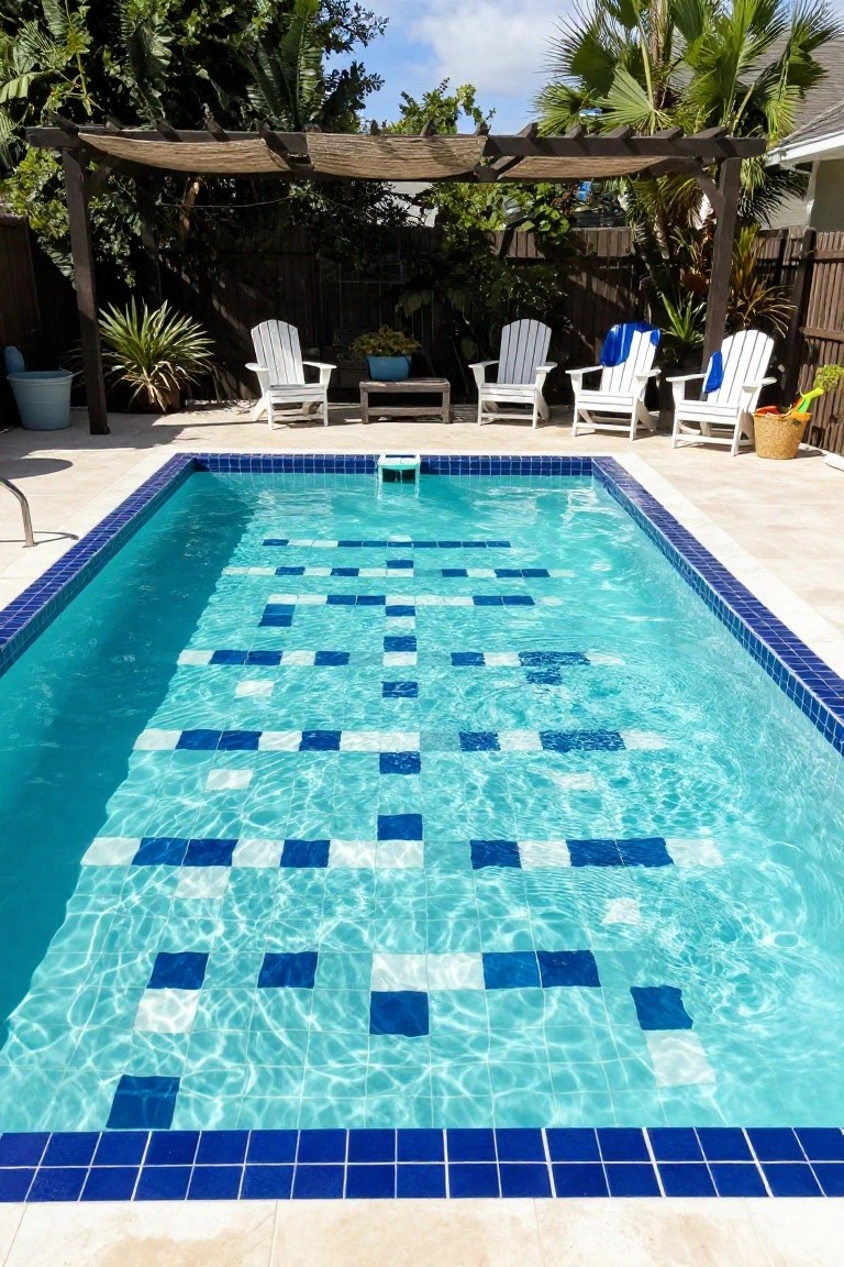 Backyard swimming pool featuring a geometric pattern of blue and white tiles on the bottom, with white Adirondack chairs, potted plants, and a shaded pergola nearby.