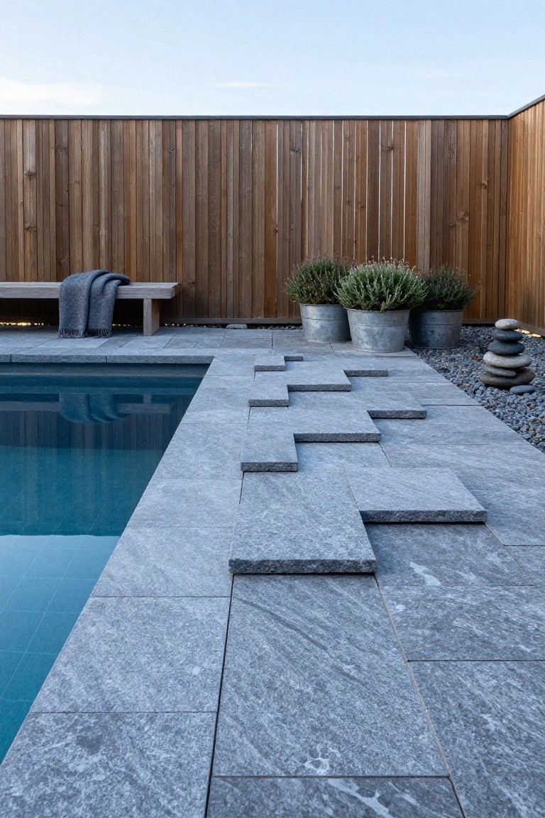 Corner view of a rectangular pool with turquoise water and irregular gray slate steps leading down from the tiled edge, next to a wooden bench draped with a gray blanket, metal buckets of lavender plants, stacked rocks on gravel, and a tall wooden fence.