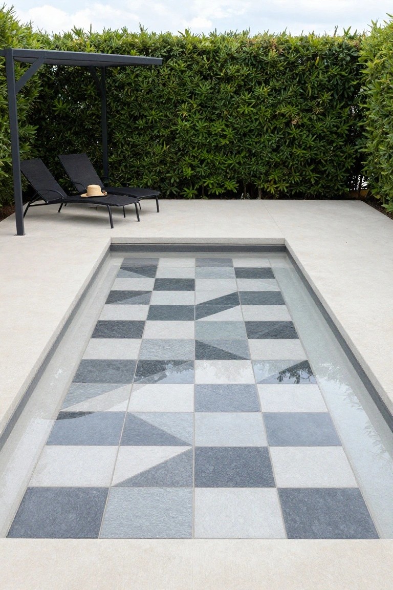 Shallow rectangular pool with geometric pattern of gray and white angular tiles on the bottom, light concrete decking around it, two black lounge chairs with straw hat under a metal pergola, and tall green hedges in the background.