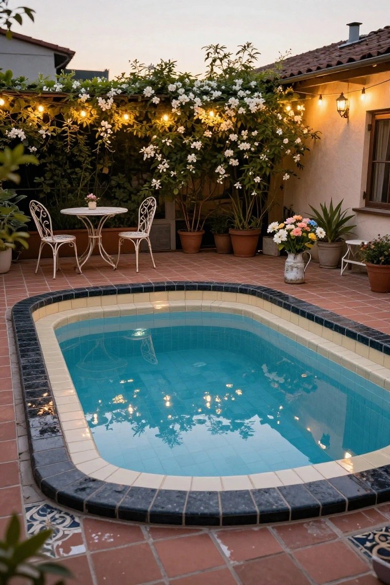 Oval pool with cream tiles and black border edges on terracotta patio, white metal bistro table and chairs nearby, potted plants, climbing white flowers on wall, and string lights at dusk.