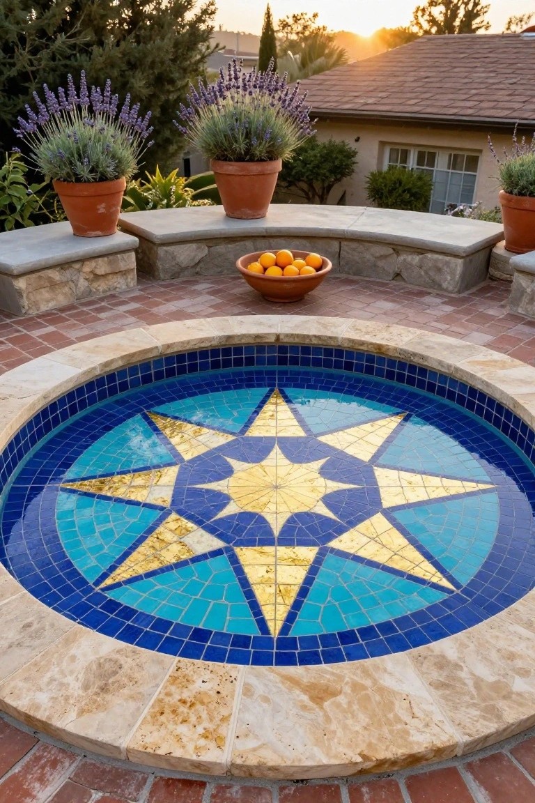 Circular pool with blue and gold geometric star mosaic tiles at the bottom, surrounded by beige stone edging and benches, potted lavender plants, and a terracotta bowl of oranges on an outdoor patio with brick pavers and house in background at sunset.