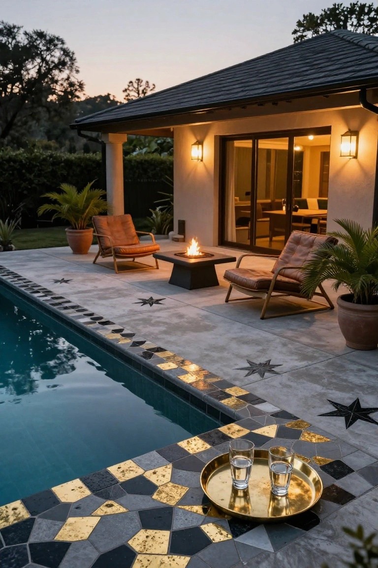 Dusk view of an outdoor poolside patio with geometric black, gray, and gold mosaic tiles along the pool edge, two lounge chairs, a fire pit table, potted plants, and a modern house visible through glass doors.
