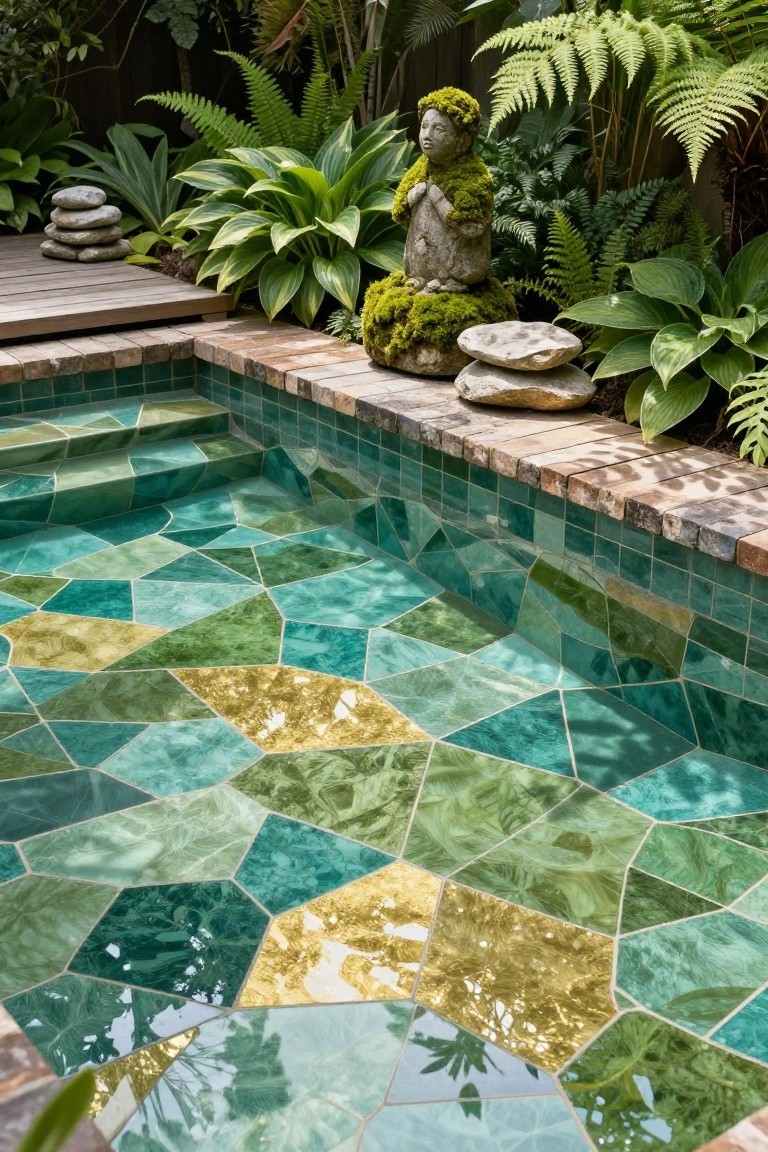 Small inground pool featuring irregular geometric mosaic tiles in shades of teal, green, and gold, with steps leading in, surrounded by ferns, hostas, a moss-covered statue, stacked rocks, and wooden decking edged in brick.