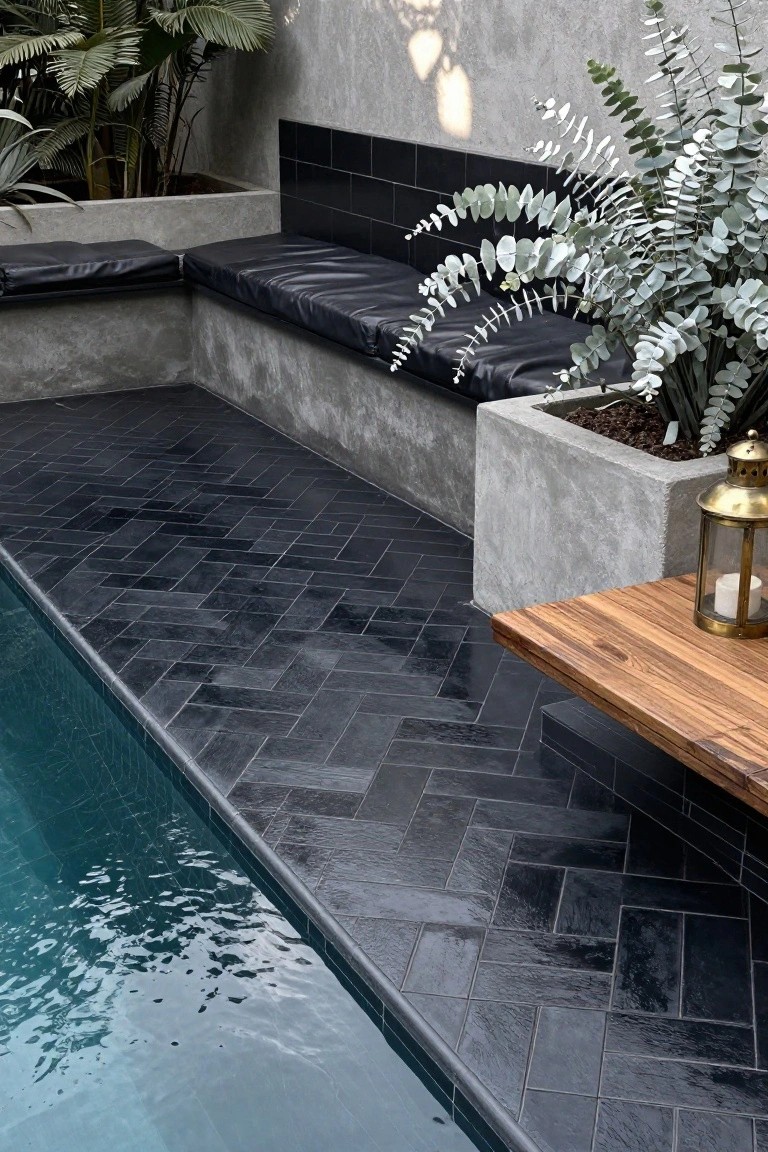 Close-up view of a rectangular pool edged with glossy black tiles in a herringbone pattern, adjacent concrete benches with black cushions, potted plants, a wooden side table, and a gold lantern.