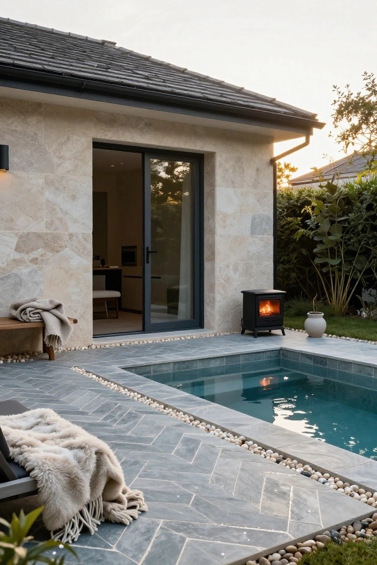 Modern outdoor patio with beige stone house wall, open sliding glass door, small turquoise rectangular pool edged by gray herringbone slate tiles and white pebbles, lounge chair with white fur blanket, wood bench with beige throw, black wood-burning stove, potted plant, and greenery.